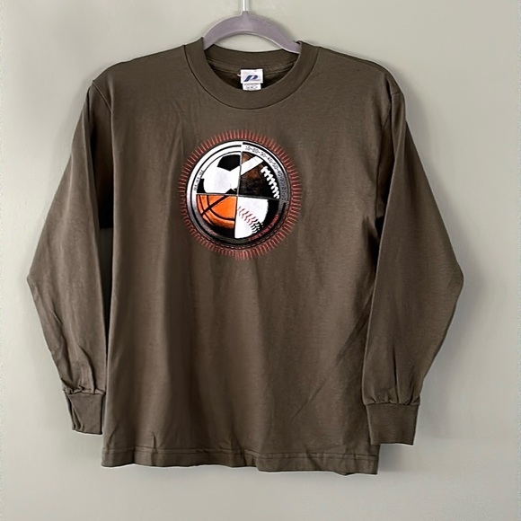 Boys Olive Green Ball Graphic Long Sleeve T Shirt Football Baseball - Picture 1 of 6